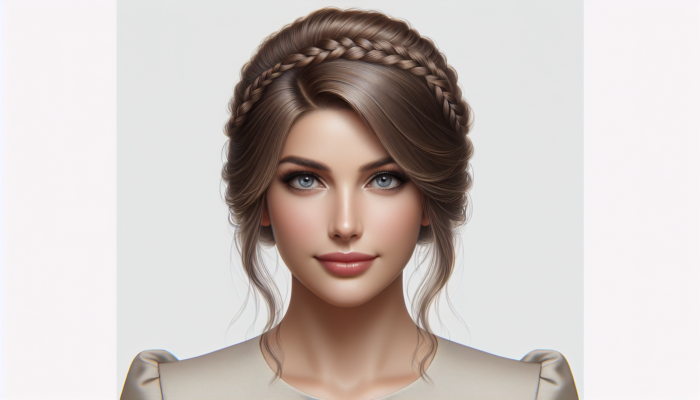Woman with medium hair styled elegantly in a half-up style featuring a fishtail braid, versatile for casual and formal occasions.