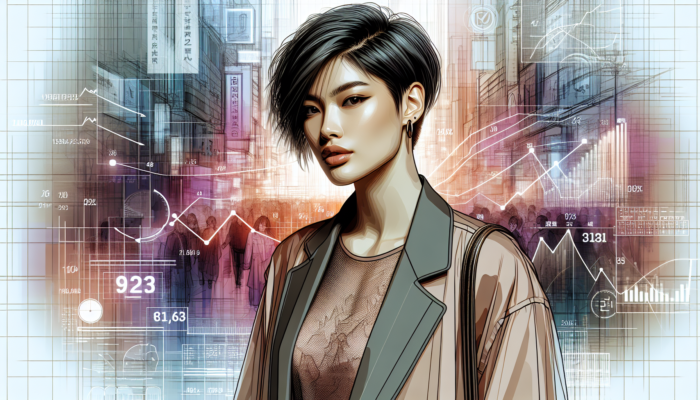 A fashionable woman with a chic, short haircut in 2023, set against an urban background.