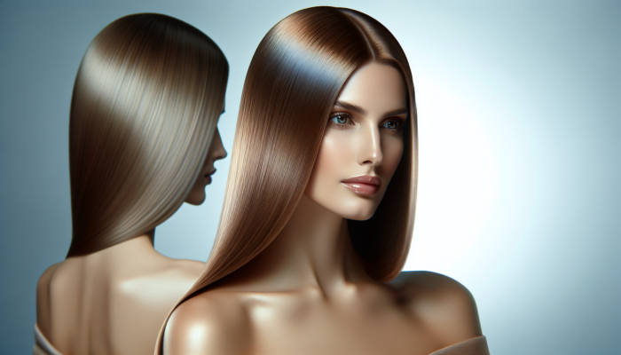 A woman showcasing medium-length, straight, sleek hair, parted in the middle, with a healthy shine, perfectly suitable for both day and evening occasions.