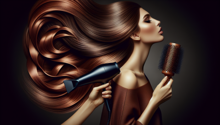 Woman blow-drying medium length hair using a round brush, achieving salon-fresh volume and shine.
