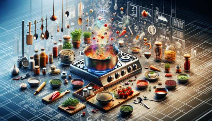 A chef's kitchen with simmering pots of traditional and innovative pasta sauces, surrounded by fresh herbs and ingredients.