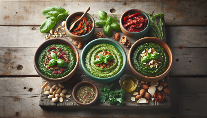 Colorful bowls of basil, sun-dried tomato, and kale pesto with nuts and herbs on a rustic table.