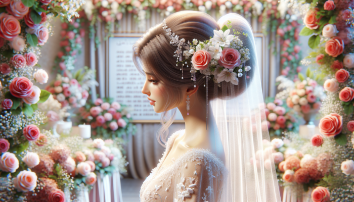 Bride with elegant updo, fresh flowers, long veil, and crystal hairpins in a romantic, floral wedding setting.