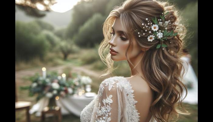 Bride with soft, flowing waves and floral hairpins at a bohemian outdoor wedding, embodying natural elegance.
