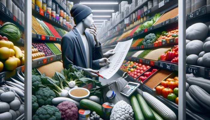 Person in supermarket comparing prices of vegetables and grains, focused on budget shopping.