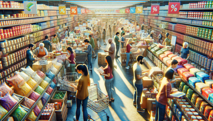 Shoppers comparing bulk ingredient prices in a busy wholesale store with colorful discount flyers.
