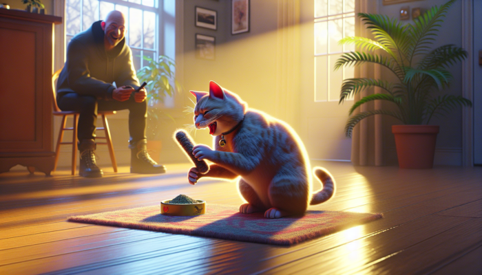 A cat playing with a catnip toy in a safe, cozy environment, with an owner ensuring moderation.