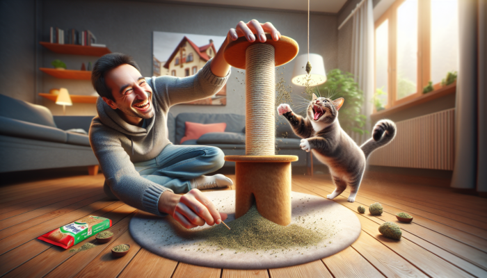 A cat using a scratching post, rewarded with catnip, in a cozy living room, enhancing owner-cat bond.