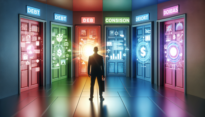 A person choosing from colorful doors labeled with debt consolidation options in a bright hallway.