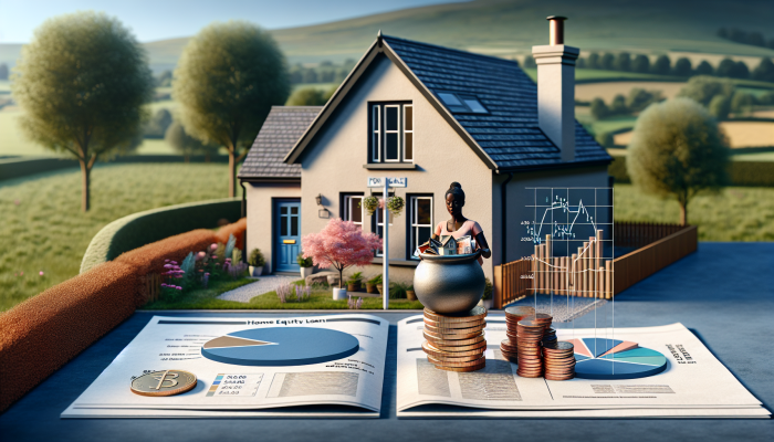 A UK home with a 'For Sale' sign, representing home equity loans, and a person consolidating debts into a single pile against financial graphs showing lower interest rates.