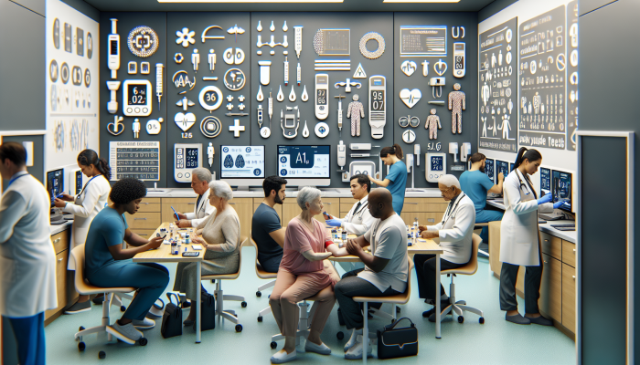 Diverse group undergoing different diabetes tests in a modern clinic with medical equipment and posters.