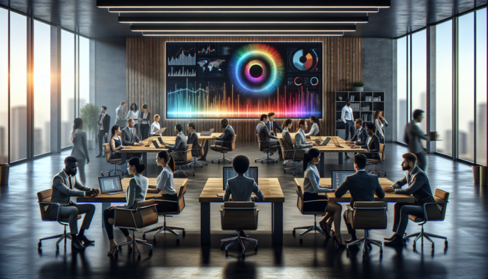 A modern office with a digital screen showing Google Business Analytics dashboards, team strategizing data optimization.