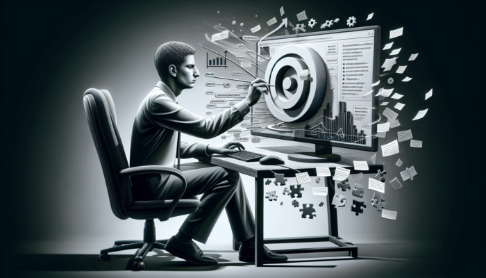 Person setting up Google Business Analytics, frustrated, overlooking key steps like goal setting and tracking code installation.