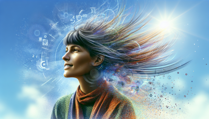 Woman with medium layered haircut, hair swaying and bouncing in the breeze, exuding confidence on a sunny day.