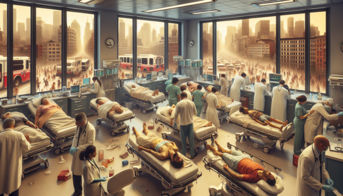 A crowded emergency room during a heatwave, with heatstroke patients and overwhelmed staff; outside, power outages and stalled public transport.