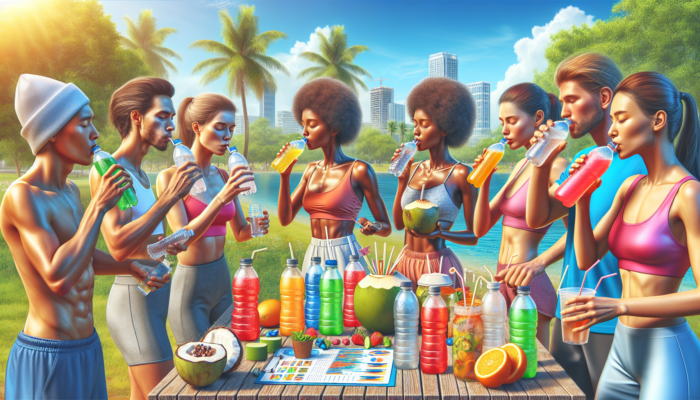 People in a sunny park hydrating with sports drinks, coconut water, herbal teas, and infused waters, looking refreshed.