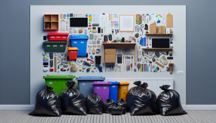 UK house clearance with heavy-duty waste bags and color-coded containers for sorting items.