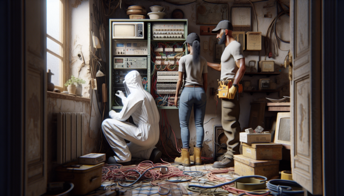 Person in protective gear disconnecting power at main panel, consulting electrician in cluttered home with old wiring.