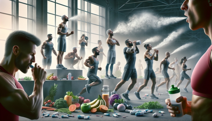 Athletes in a gym using nitric oxide boosters like supplements, foods, and breathing techniques to enhance performance.