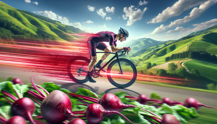 Cyclist racing through Italy's hills, powered by beetroot juice and nitrate-rich foods.
