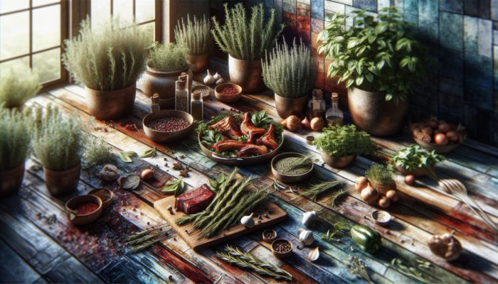 A lush herb garden with rosemary, thyme, and coriander, enhancing a rustic kitchen with rosemary-roasted meats and vegetables.