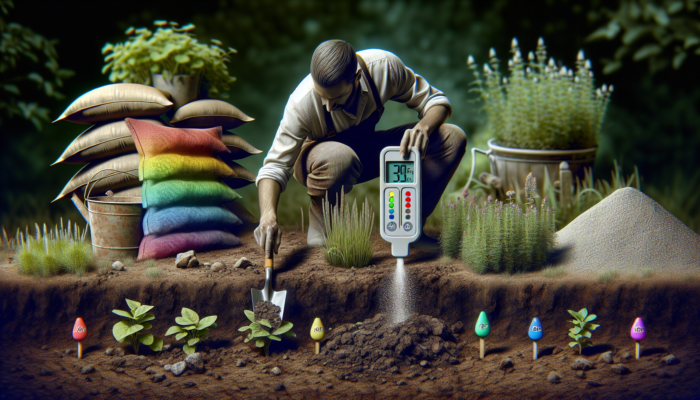 A gardener enriching clay soil with compost, manure, and adjusting pH for herb garden.