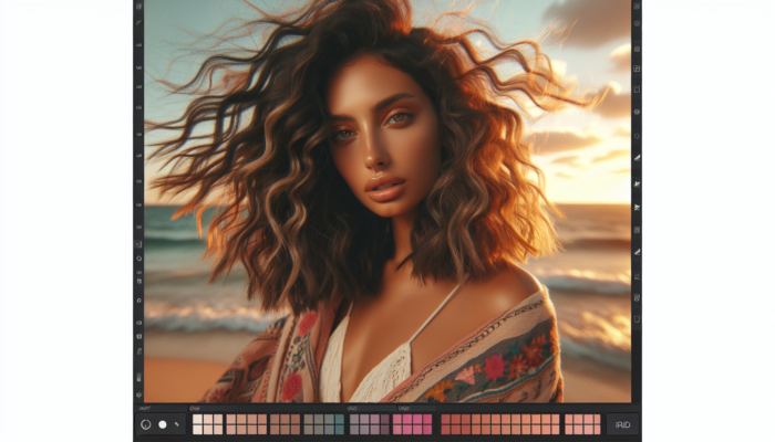 A woman with a textured lob at a Sydney beach party, hair flowing in the sunset, casual yet chic.