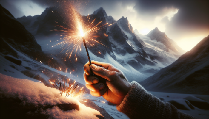 A hand using a ferrocerium rod to ignite damp tinder in a snowy mountain scene at sunset.