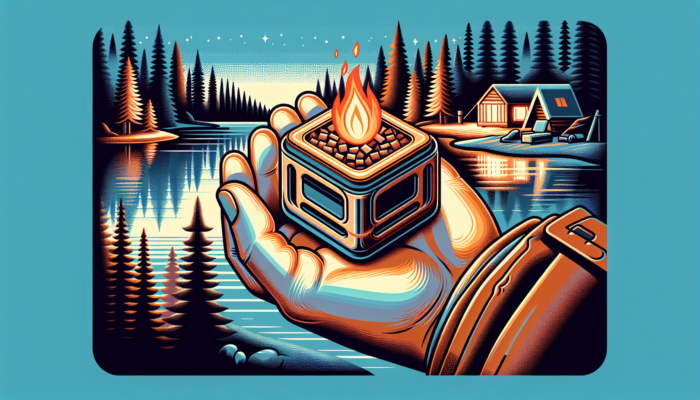 A hand igniting a campfire with a firestarter cube in a Canadian forest at dusk, flame reflecting on lake water.