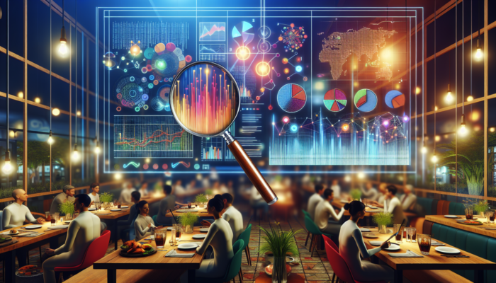 A digital dashboard with graphs analyzing Yelp reviews, magnifying glass on insights, restaurant backdrop.