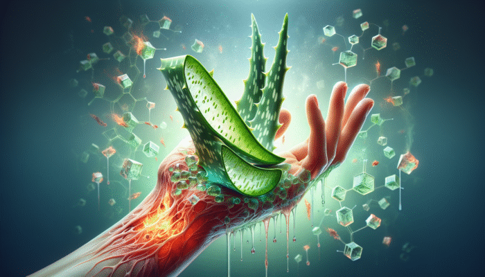 Aloe vera gel with vitamins C and E healing a burn and neutralizing free radicals.