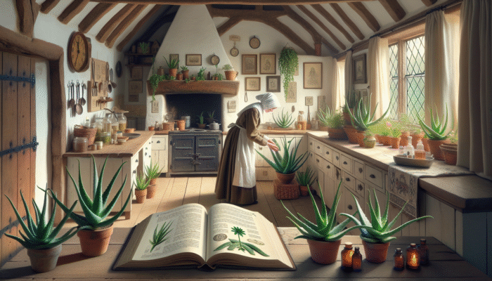A rustic kitchen scene with a folk healer applying aloe vera to a burn, surrounded by potted plants and an open herbal book.