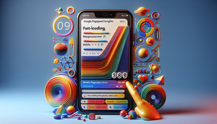 Smartphone showing optimized ecommerce site with fast loading, clear images, and Google PageSpeed Insights results.