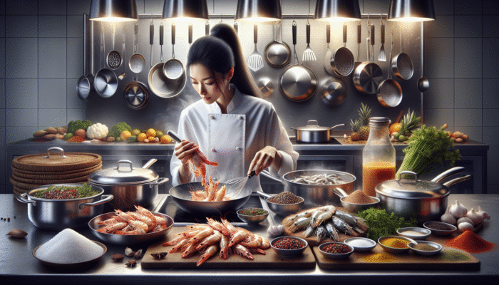 A chef deveining and butterflying shrimp in a professional kitchen with tools and seasonings.