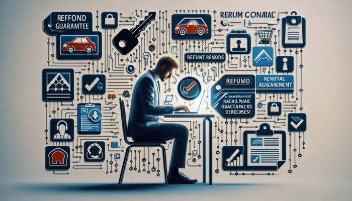 Person comparing car rental services on laptop with keys, agreements, refund badges, and checklist.