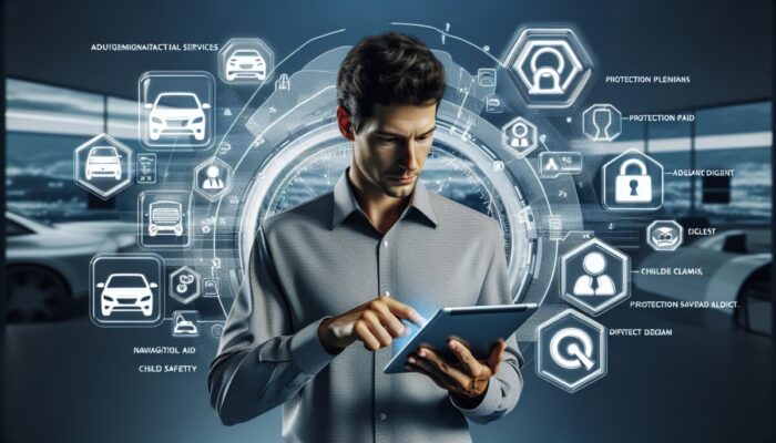 Person in rental office evaluating additional services like GPS, insurance, child seats on tablet, with logos.