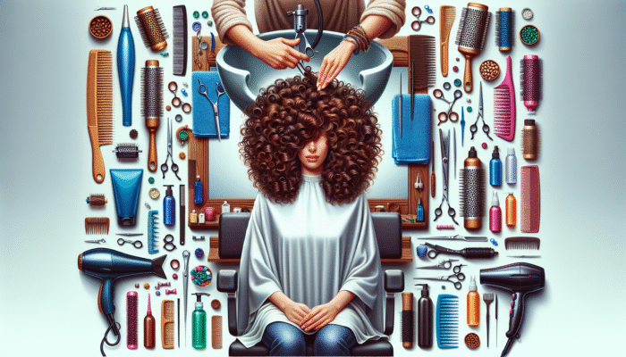 A curly-haired client receiving a tailored haircut and styling in a vibrant salon with specialized tools.