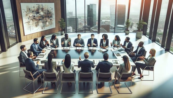 UK individuals reviewing debt consolidation options with personal loan documents in a modern financial advisor's office.