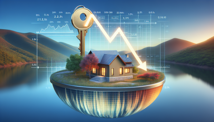 A serene home with a golden key in the lock and a graph showing declining interest rates.