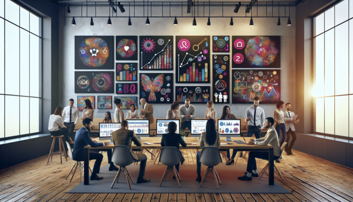 A busy digital marketing agency office with screens showing social media analytics, team strategizing, and growth charts on walls.
