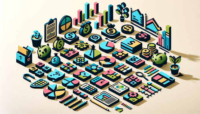Diverse savings accounts with unique symbols and colors on a financial planning table with graphs.