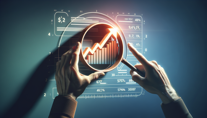 Person using magnifying glass on credit report, showing initial dip and subsequent rise in credit score graph.