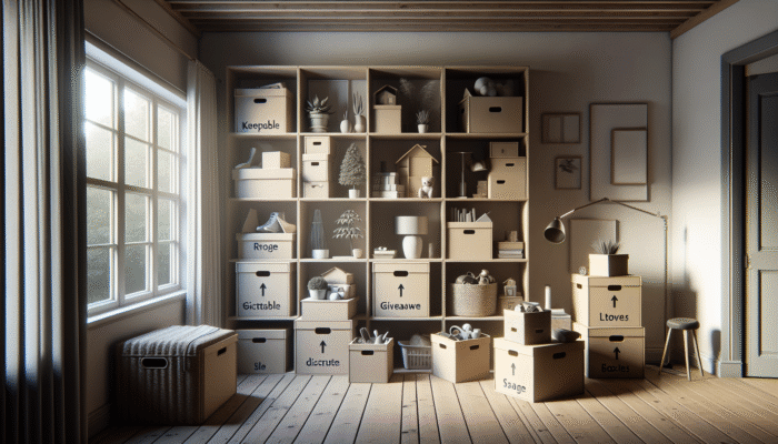 A serene home interior with neatly sorted items in labeled boxes: 'keep', 'donate', 'sell', 'discard'.