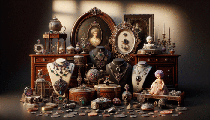 Antique jewelry, vintage furniture, and collectibles arranged to showcase their sentimental and historical value.