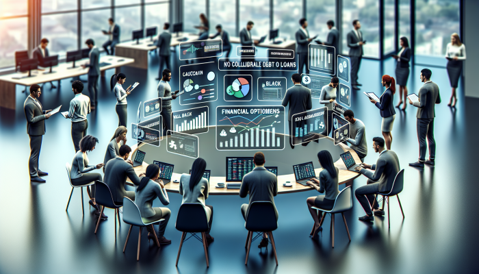 A diverse group in a modern UK office exploring no collateral debt consolidation loans with financial documents and screens.