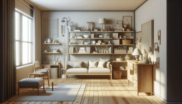 A serene room with a neatly filled shelf of sentimental items, symbolizing emotional boundaries and clarity.