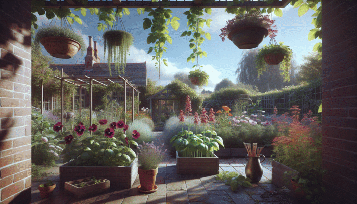 A vibrant UK herb garden in late spring with basil, dill, and coriander in full bloom under a clear summer sky.