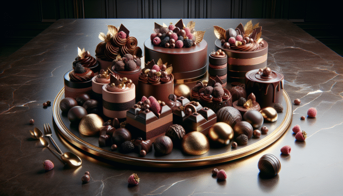 A lavish display of chocolate desserts on an elegant marble table, adorned with gold leaf and berries.