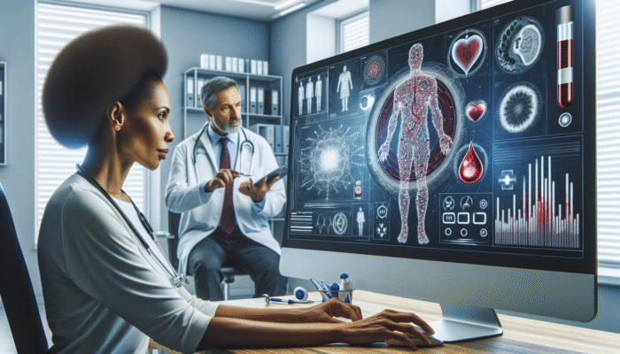 A healthcare professional reviewing hormone level charts on a computer with a patient in a modern medical office.