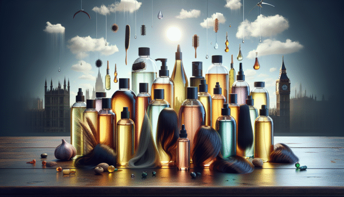 Bottles of hair oils on a wooden table, labelled with benefits, various hair types, UK weather backdrop.